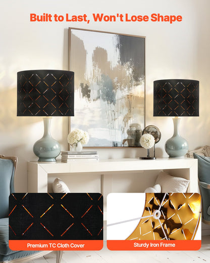 Trumlampskärmar 2-set, 33 cm topp x 33 cm botten x 25 cm hög, mellanstor trumlampskärm med harpa, reservlampskärm för bordslampor, golvlampor och pendellampor, svart diamantformad ihålig design