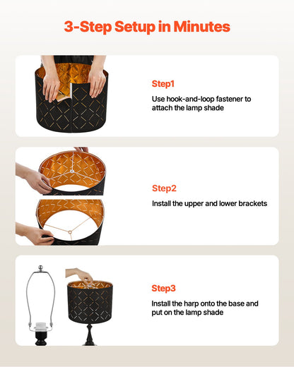 Trumlampskärmar 2-set, 33 cm topp x 33 cm botten x 25 cm hög, mellanstor trumlampskärm med harpa, reservlampskärm för bordslampor, golvlampor och pendellampor, svart diamantformad ihålig design