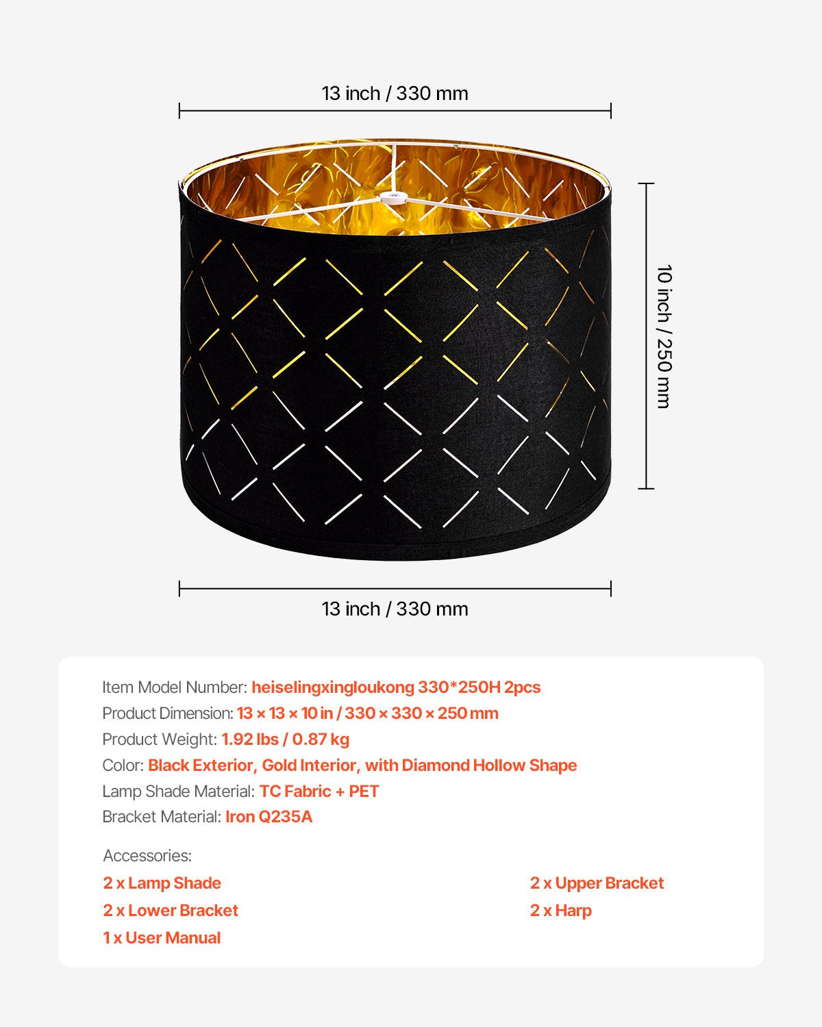 Trumlampskärmar 2-set, 33 cm topp x 33 cm botten x 25 cm hög, mellanstor trumlampskärm med harpa, reservlampskärm för bordslampor, golvlampor och pendellampor, svart diamantformad ihålig design