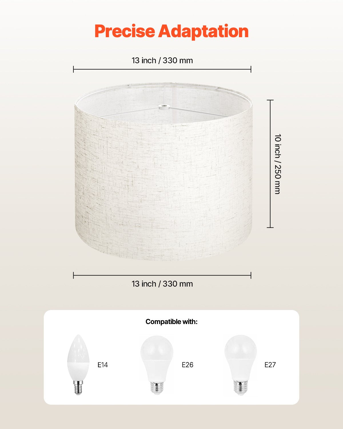 Trumlampskärm, 33 cm topp x 33 cm botten x 25 cm hög, mellanstor trumlampskärm i linne, reservskärm för bordslampor, golvlampor och pendellampor, enkel montering krävs (ljus linne)