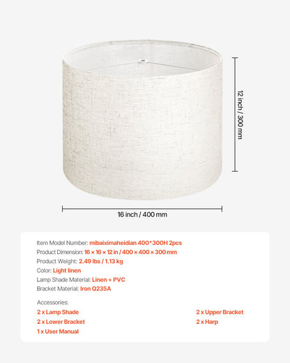 Trumlampskärmar, 2-set, 40 cm topp x 40 cm botten x 30 cm hög, stor lampskärm med harpa, reservlampskärm för bordslampor, golvlampor och pendellampor, enkel montering krävs (ljus linne)