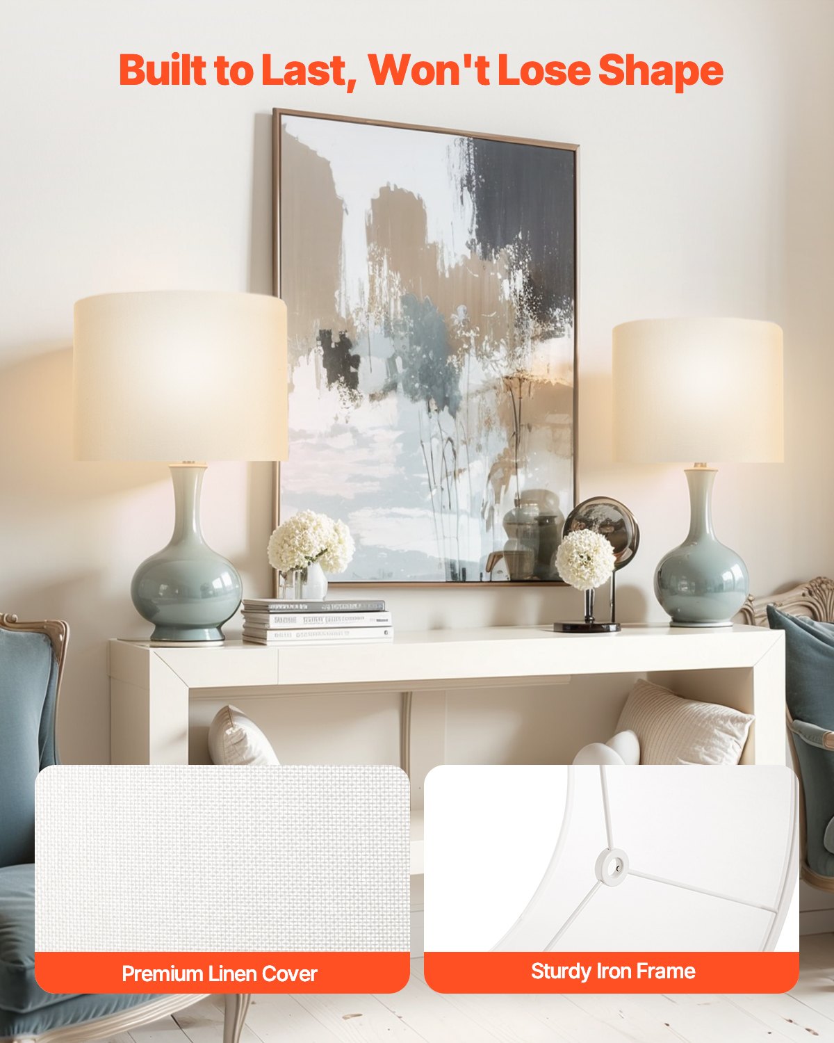 Lampskärmar i form av trumma, 2-pack, 40 cm överst x 40 cm underst x 30 cm hög, stor lampskärm med harpa, reservlampskärm för bordslampor, golvlampor och pendellampor, enkel montering krävs (off-white)