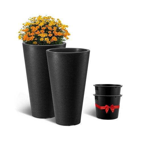 Set med 2 höga krukor för utomhus- och inomhusväxter, 60 cm, svarta runda stora krukor för veranda, uteplats, höga, avsmalnande krukor för blomsterträd med modern design och inbyggd dränering