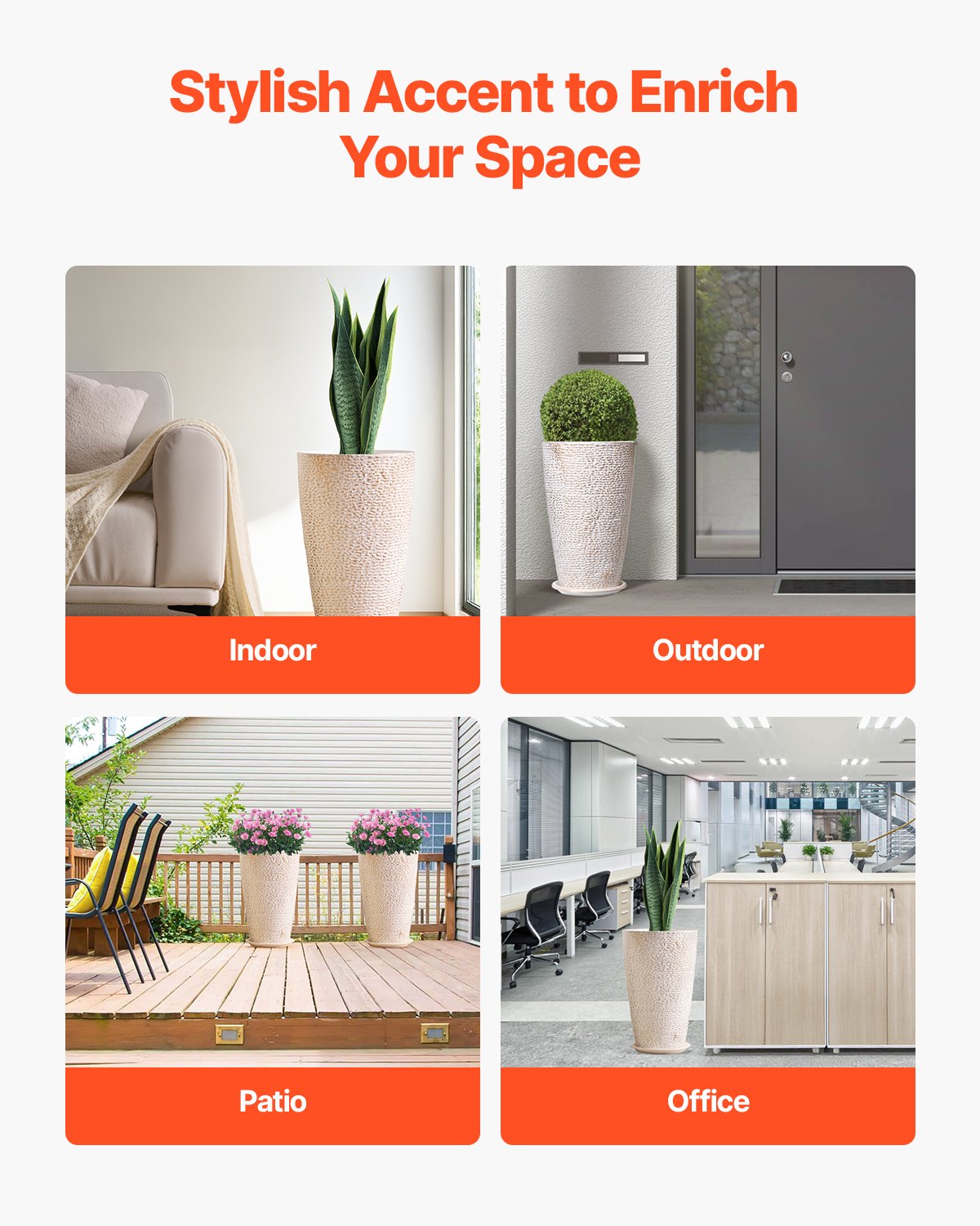 Set med 2 höga utomhusplanterare, 56 cm höga, runda stora planterare för veranda och uteplats, stenfinish för blomträd