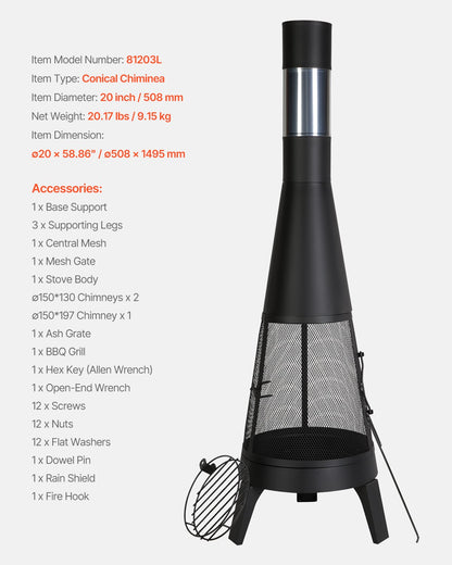 Chiminea, 20 tums vedeldad eldstad för utomhusbruk, konisk öppen spis för grillning och uppvärmning, eldstad i trä med grillnät, skorstensbeläggning och rostfritt skorstenslock, för uteplats, trädgård, bakgård