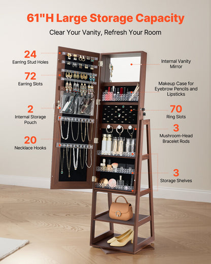 360° vridbart smyckesskåp, 1550 mm högt, helfigursspegel med förvaring, stående roterbar smyckesskåp, låsbar dörr med 2 nycklar, tillbehörsfickor och förvaringshyllor