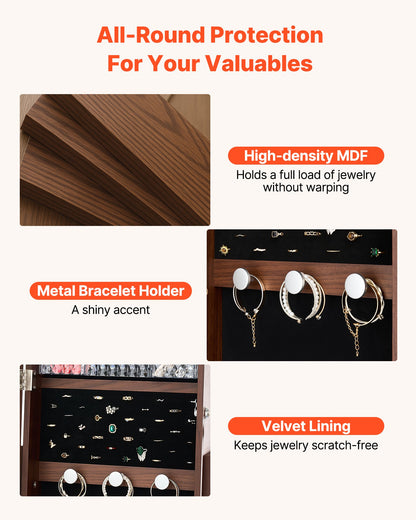 360° vridbart smyckesskåp, 1550 mm högt, helfigursspegel med förvaring, stående roterbar smyckesskåp, låsbar dörr med 2 nycklar, tillbehörsfickor och förvaringshyllor