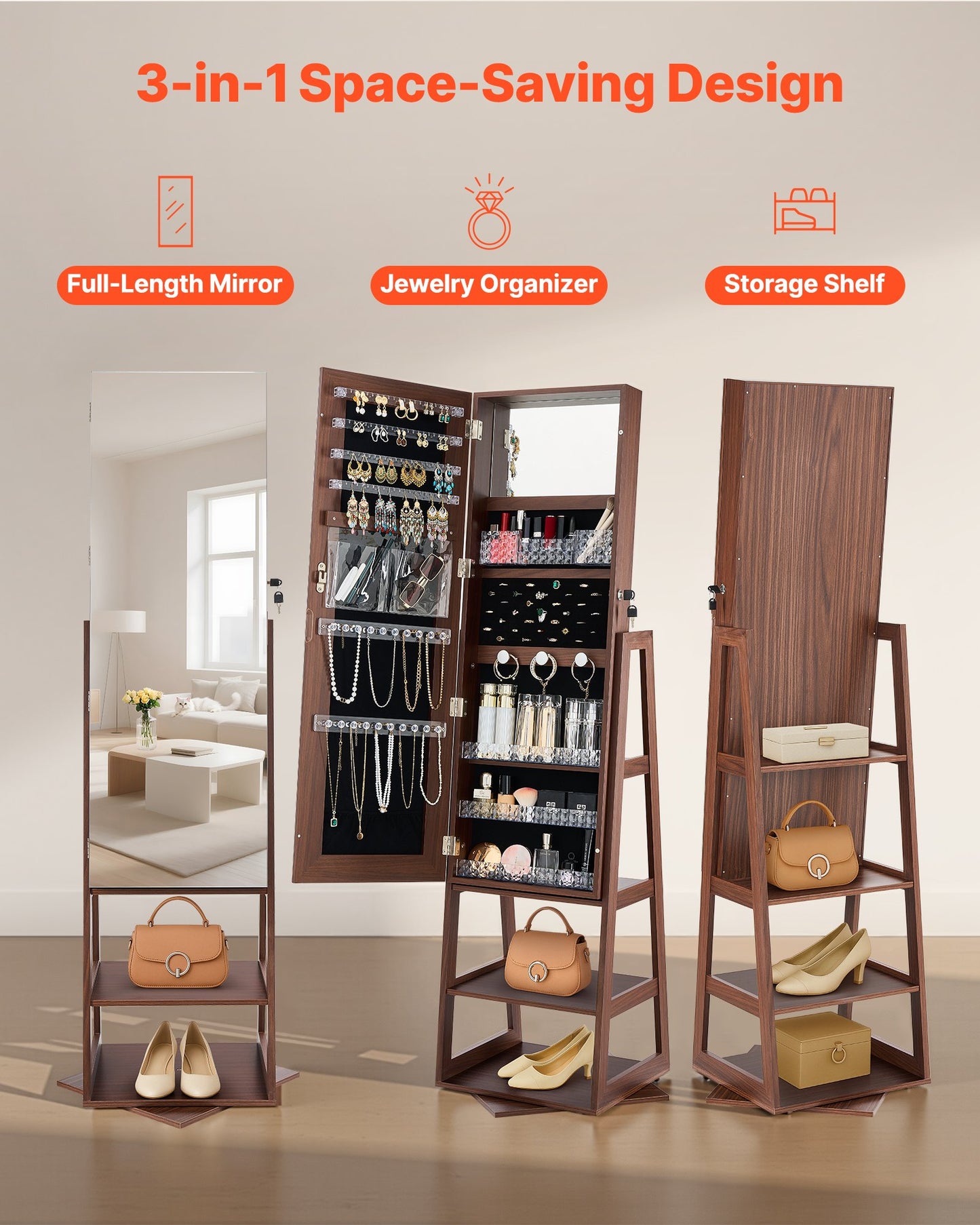 360° vridbart smyckesskåp, 1550 mm högt, helfigursspegel med förvaring, stående roterbar smyckesskåp, låsbar dörr med 2 nycklar, tillbehörsfickor och förvaringshyllor