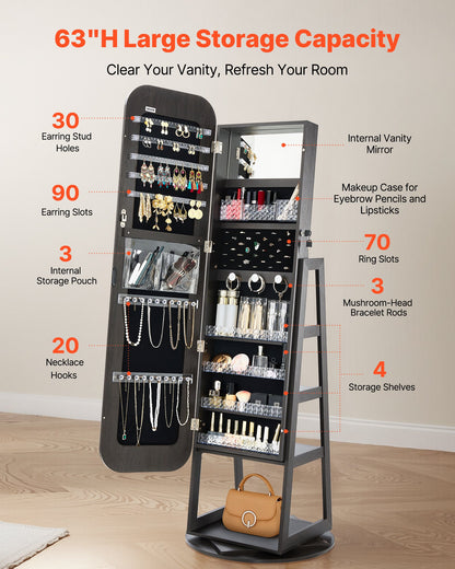 360° vridbart smyckesskåp, 1600 mm högt, helfigursspegel med förvaring, stående roterbar smyckesskåp, låsbar dörr med 2 nycklar, tillbehörsfickor och förvaringshyllor