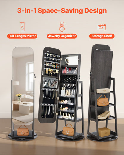 360° vridbart smyckesskåp, 1600 mm högt, helfigursspegel med förvaring, stående roterbar smyckesskåp, låsbar dörr med 2 nycklar, tillbehörsfickor och förvaringshyllor