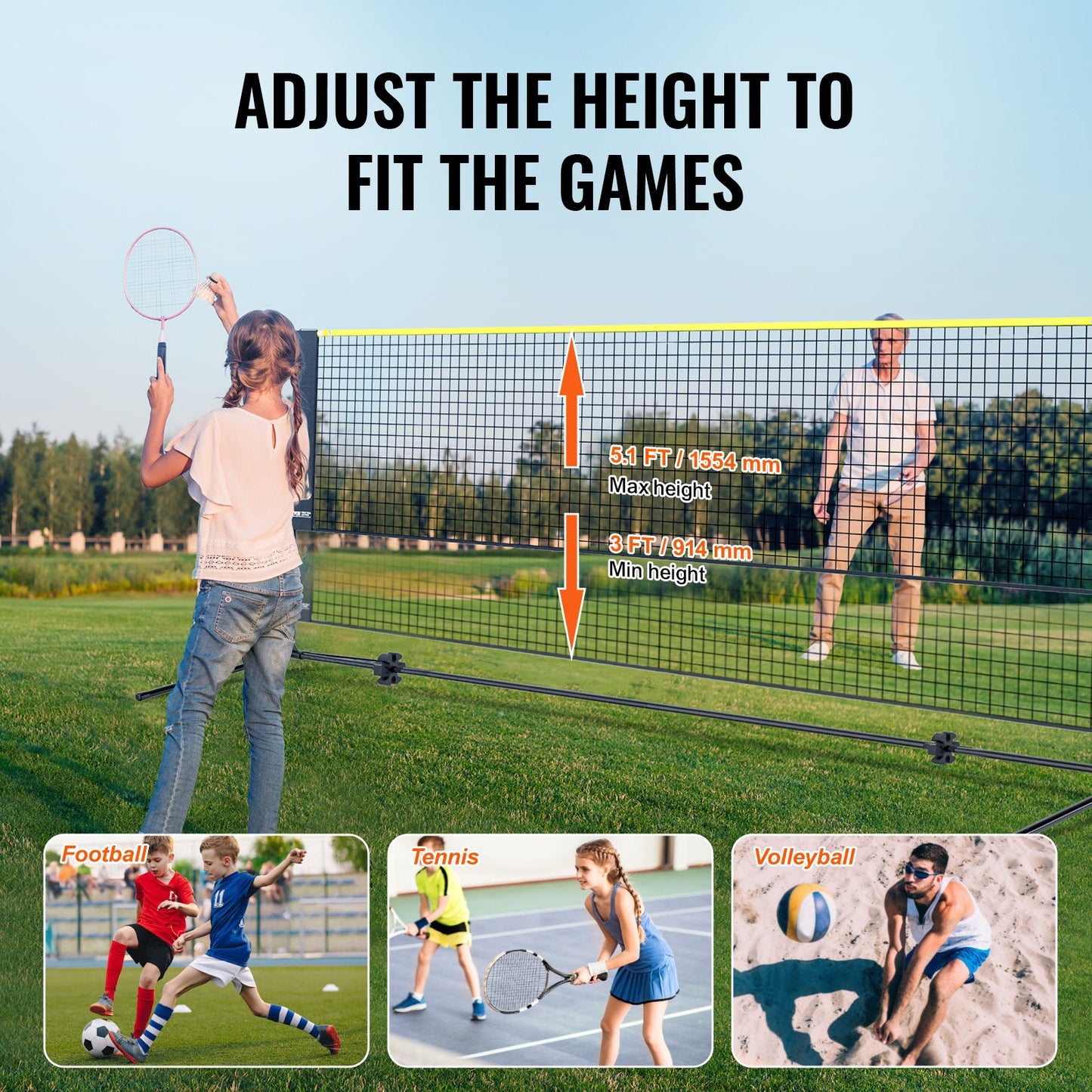 Badmintonnät, höjdjusterbart volleybollnät, 5,7 meter brett hopfällbart pickleballnät, bärbart och enkelt uppsatt tennisnätset med stänger, stativ och bärväska, för barns trädgårdsspel inomhus och utomhusbruk