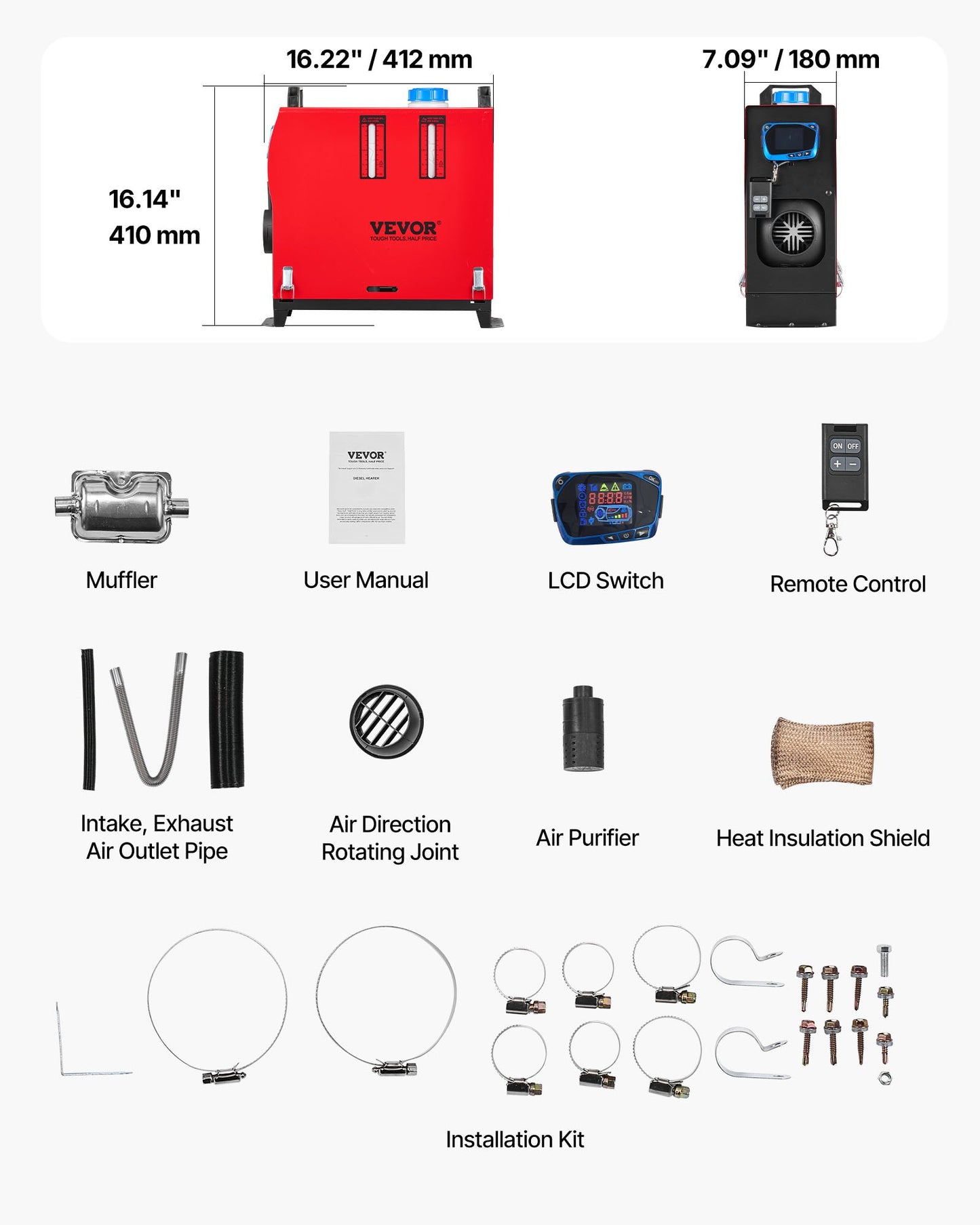 Dieselluftvärmare, 12-24V 8KW, Snabbvärmande dieselparkeringsvärmare med fjärrkontroll och blå LCD-brytare, Låg ljudnivå, Förvärmningsfunktion, för husbil, lastbil, husbil, skåpbil, båt och släpvagn