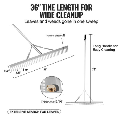 Landskapskratta, 915 mm huvud aluminiumlandskapskratta, ogräskratta för sjöbruk med 1915 mm långt skaft, för att luckra upp jord, gräsmattevård, ogräsrensning i sjö, trädgård, damm