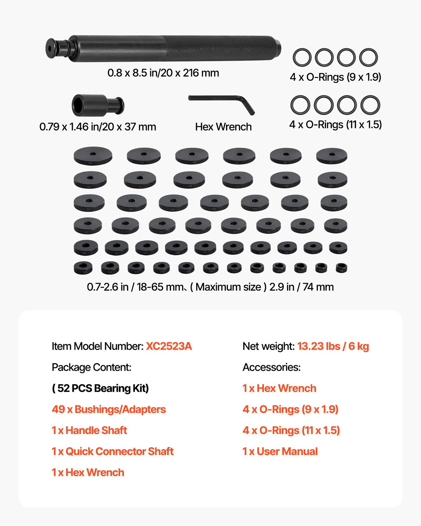 Lagerpresssats, 52 delar, lagerbana och tätningsdrivare med 49 bussningar och handtagsaxel, bussningsdrivare verktygssats, kraftigt kolstålsdemonteringsverktygssats med förvaringsväska