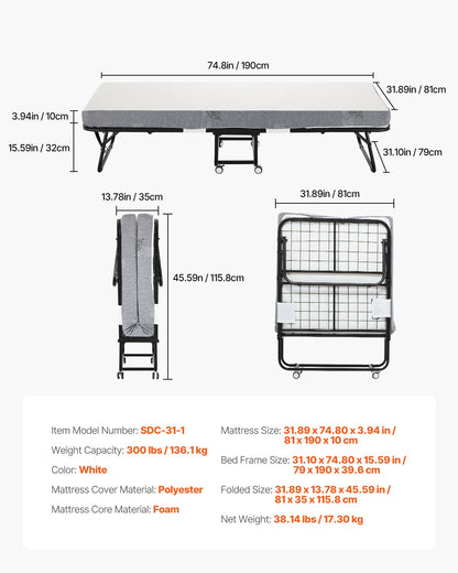 Hopfällbar säng, hopfällbar säng (89 x 193 cm) med 10 cm madrass, hopfällbar dubbelsäng med robust metallram och memoryskummadrass, bärbar hopfällbar dubbelsäng med madrass, för vuxna, gäst