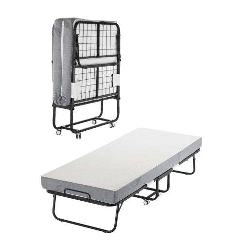 Rollaway Bed, 31 in x 75 in Folding Bed with 5 in Mattress, Twin Size Foldable Bed with Sturdy Metal Frame & Memory Foam Mattress, Portable Twin Roll Away Bed with Mattress, for Adults, Guest