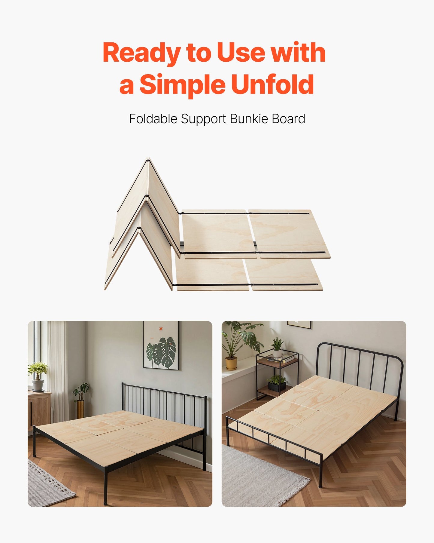 Full Size Bunkie Board, 10 mm Foldable Bed Board Slats with Connection, Wooden Mattress Support for Full Size Bed, Support under Mattress Boards, Ready to Use, 8 Piece, Burlywood