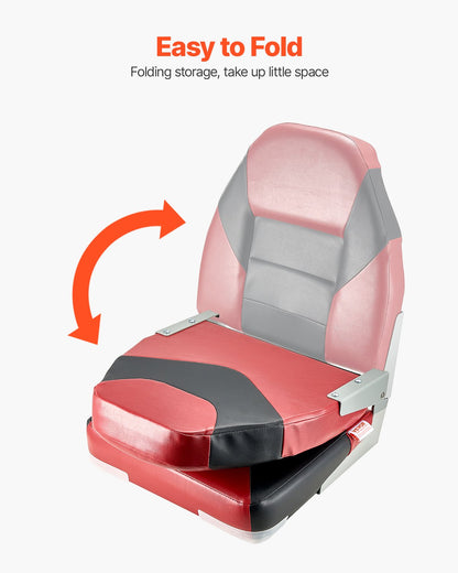 Boat Seat, High Backrest, Folding Fishing Boat Seat with Thickened Sponge Cushion & Waterproof PVC Leather, Aluminum Alloy Hinges, Flip Up Boat Seat for Boats, Yachts, Ships, Black & Red
