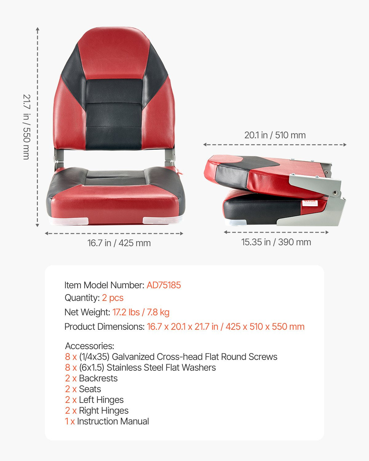 Boat Seat, High Backrest, Folding Fishing Boat Seat with Thickened Sponge Cushion & Waterproof PVC Leather, Aluminum Alloy Hinges, Flip Up Boat Seat for Boats, Yachts, Ships, Black & Red