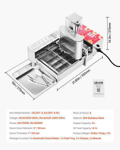 Kommersiell automatisk munkmaskin, 4 rader munktillverkningsutrustning, elektrisk högeffektsmunkmaskin för 240 st/timme, automatisk fritös i rostfritt stål, med intelligent styrning