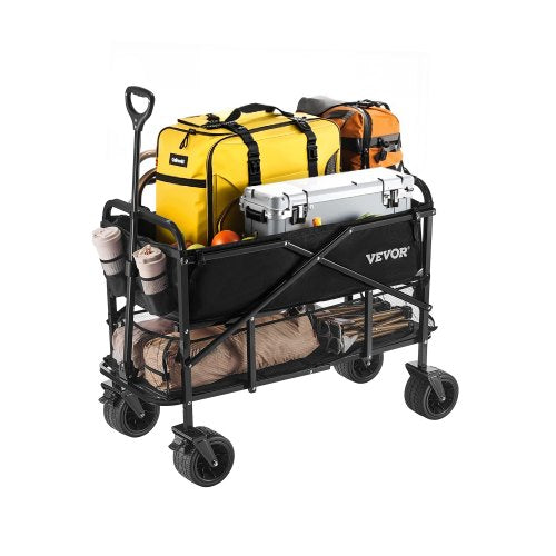 Hopfällbar dubbeldäckarvagn, 400 liters kraftig hopfällbar vagn, förlängd trädgårdsvagn med terränghjul, stöder upp till 227 kg, utomhusvagn för camping, sport, shopping