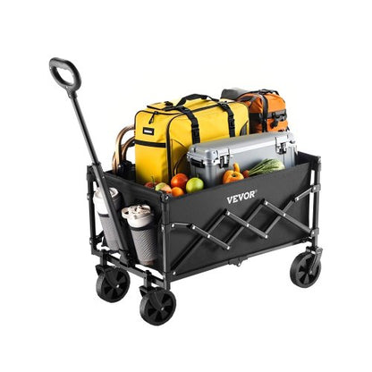 Hopfällbara vagnar, 120L och 225LBS hopfällbara vagnar med terränghjul, kraftig utomhusvagn med justerbart handtag, bärbar campingvagn för strand, mataffär, trädgård, svart