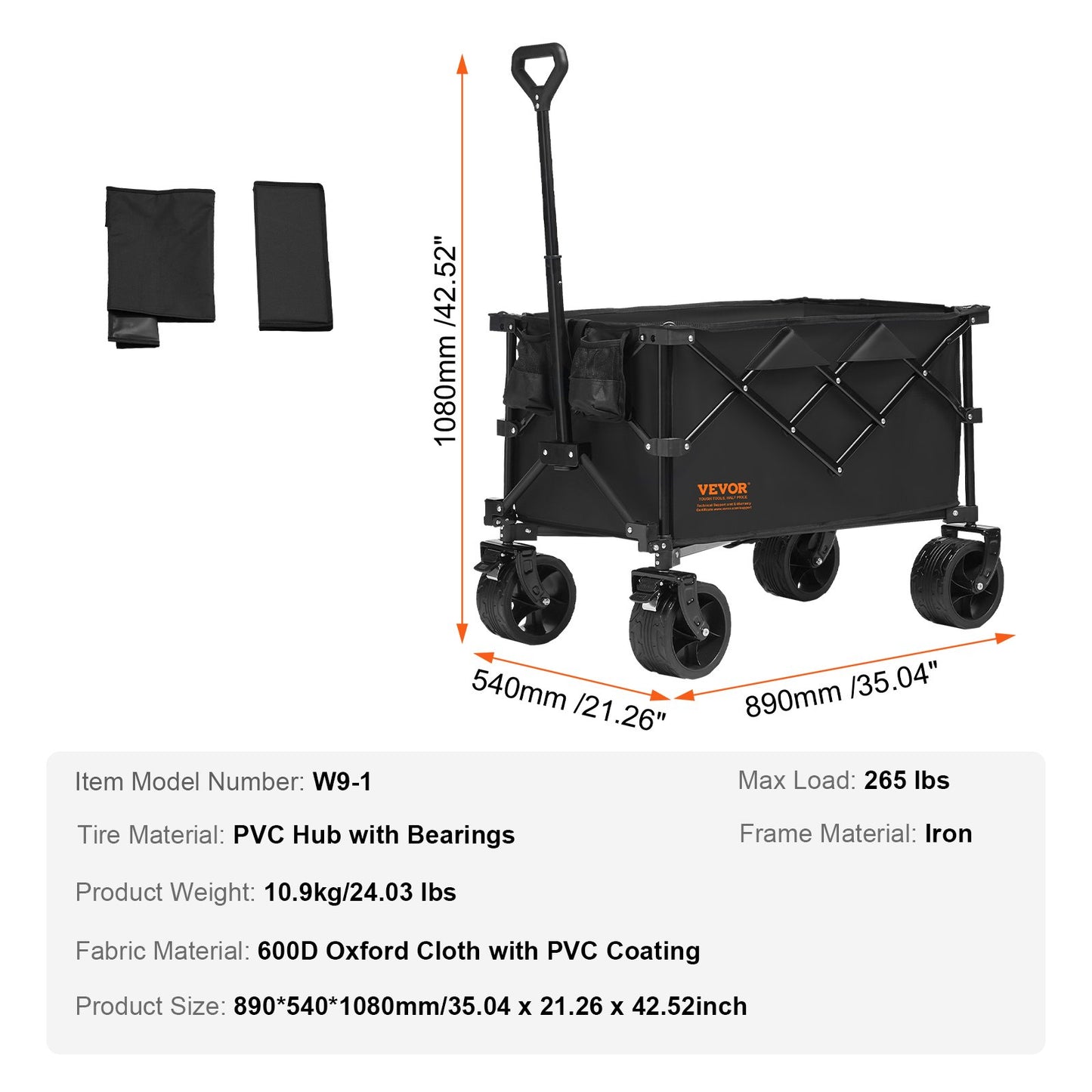 Hopfällbar strandvagn, 150 l strandvagn med terränghjul, kraftig hopfällbar strandvagn max 124 kg med dryckeshållare, sportvagn för camping, shopping, trädgård