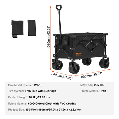 Hopfällbar strandvagn, 150 l strandvagn med terränghjul, kraftig hopfällbar strandvagn max 124 kg med dryckeshållare, sportvagn för camping, shopping, trädgård