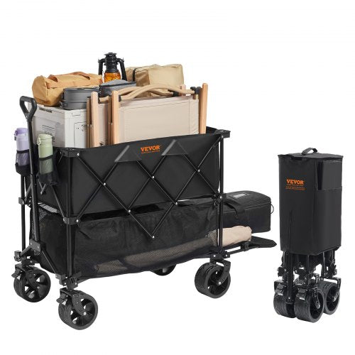 Hopfällbar dubbeldäckare, 400L hopfällbar vagn med terränghjul, kraftig hopfällbar vagn, viktkapacitet 147-227 kg för camping, shopping, trädgård, 132 cm extra lång förlängare