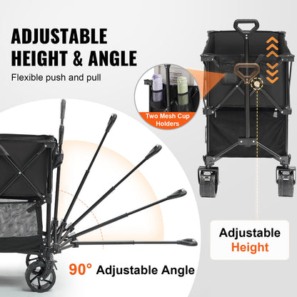 Hopfällbar dubbeldäckare, 400L hopfällbar vagn med terränghjul, kraftig hopfällbar vagn, viktkapacitet 147-227 kg för camping, shopping, trädgård, 132 cm extra lång förlängare