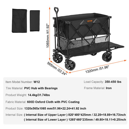 Hopfällbar dubbeldäckare, 400L hopfällbar vagn med terränghjul, kraftig hopfällbar vagn, viktkapacitet 147-227 kg för camping, shopping, trädgård, 132 cm extra lång förlängare