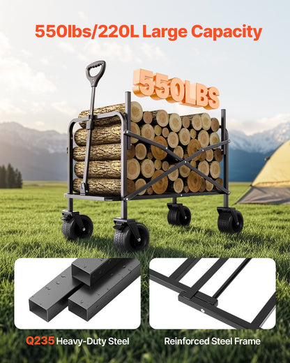 Hopfällbar vagn, 220 kg last och 220 liter, 2 i 1 hopfällbar vagn som kan omvandlas till bänk, bruksvagn med justerbart handtag, utomhusvagn för matinköp, camping, trädgårdsskötsel