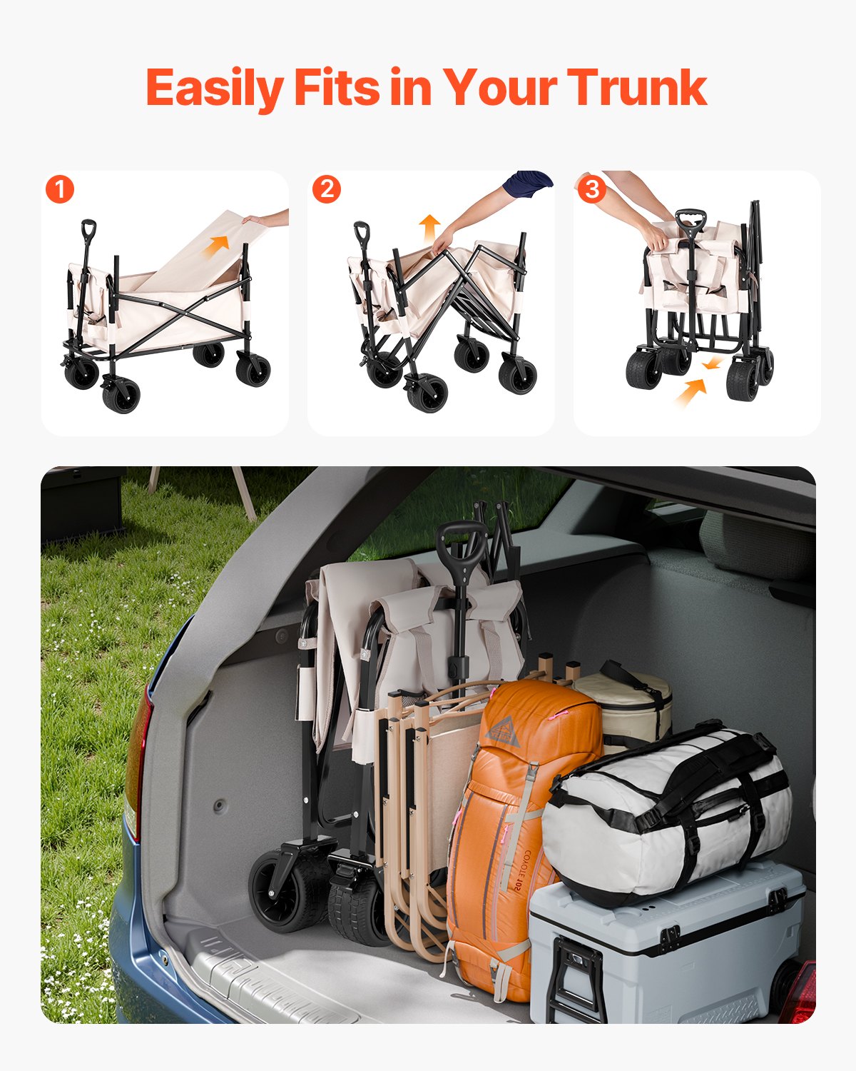 Hopfällbar vagn, 220 kg last och 220 liter, 2 i 1 hopfällbar vagn som kan omvandlas till bänk, bruksvagn med justerbart handtag, utomhusvagn för matinköp, camping, trädgårdsskötsel