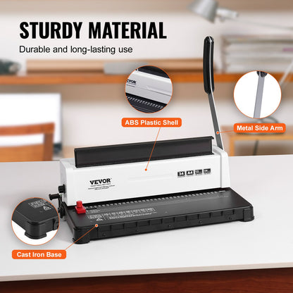 Spiralbindningsmaskin, manuell bokbindare, 34-hålsbindning, 120 ark, justerbar hålpärm, 4,76 mm - 14,29 mm spiralbindningsryggar, för Letter-format, A4, A5.