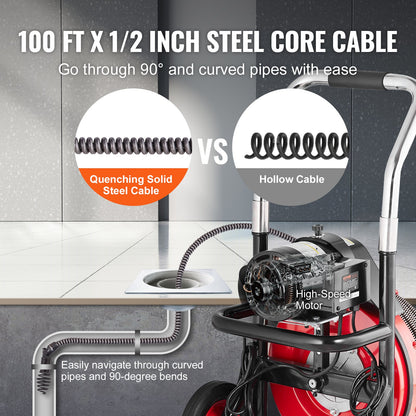 Avloppsrensningsmaskin 100FT x 1/2 tum, automatisk matning av avloppsborr på hjul, 550W bärbar avloppsrensningsmaskin med 8 skärare och luftaktiverad fotpedal för rör på 2" till 4"