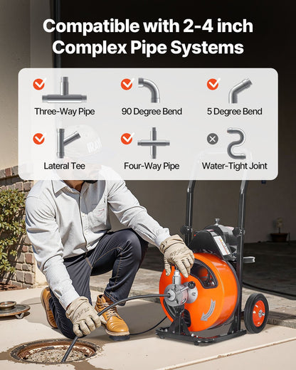 Avloppsrensningsmaskin Elektrisk avloppsskruv 50 FT x 1/2 tum Automatisk matning