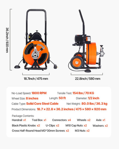 Avloppsrensningsmaskin Elektrisk avloppsskruv 50 FT x 1/2 tum Automatisk matning