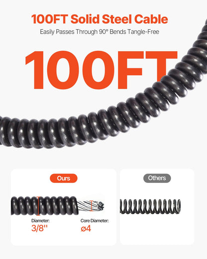 Avloppsrensningsmaskin Elektrisk avloppsskruv 100 FT x 3/8 tum Automatisk matning