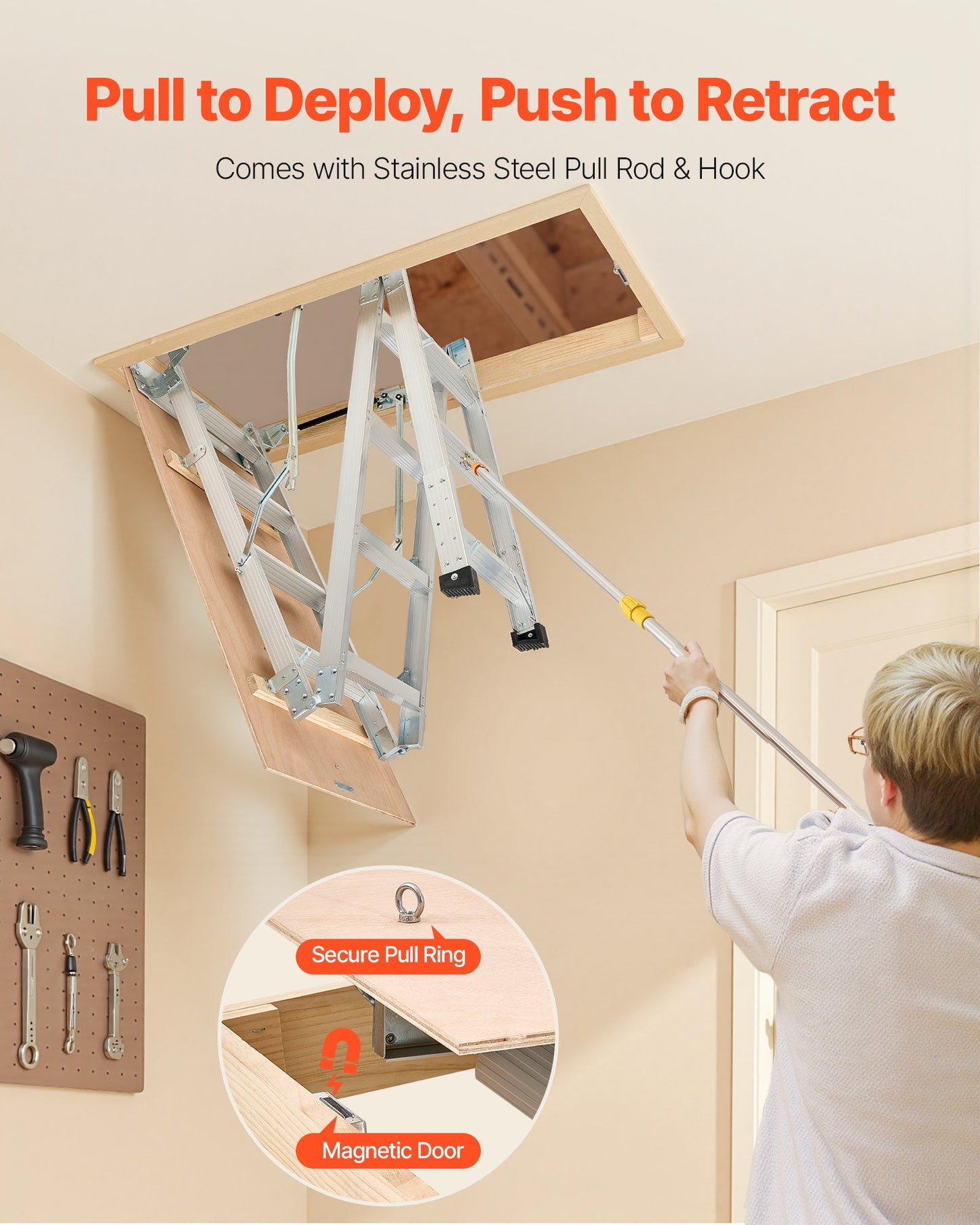 Vindsstege, 170 kg kapacitet, höjdjusterbar från 3 till 3,13 m, hopfällbar vindstrappa i aluminium för flera ändamål, passar takhöjder från 2,1 till 3,2 m för bekväm åtkomst