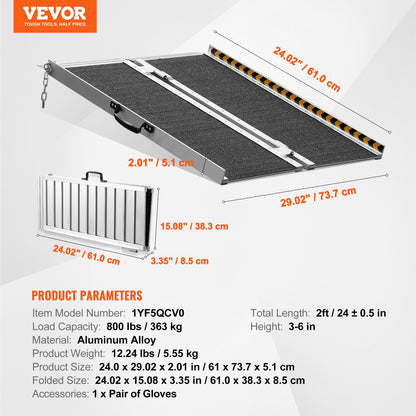 Portable Wheelchair Ramp, 61 cm 362.9 kg Capacity, Non-Slip Aluminum Folding Threshold Ramp, Foldable Mobility Scooter Ramp Wheel Chair Ramp, Handicap Ramp for Home Steps, Stairs, Doorways, Curbs