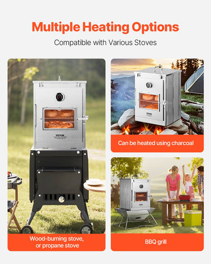 Hopfällbar campingugn, bärbar campingkök i rostfritt stål, med grill i 3 nivåer, handtag och termometer, kan användas med vedeldad spis, propankök, för brödbakning, pizza, matlagning utomhus