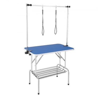 Husdjurstrimningsbord med två armar och klämma, 915 x 610 mm hundtrimningsstation, hopfällbart husdjurstrimningsställ för medelstora och små hundar, fristående baksida utan sittfunktion med trimögla, bärförmåga 150 kg
