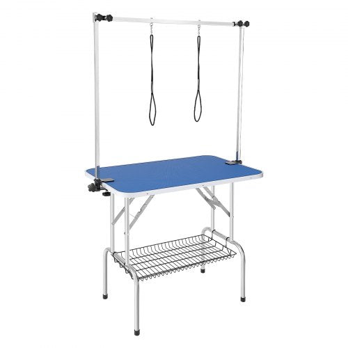 Husdjurstrimningsbord med två armar och klämma, 915 x 610 mm hundtrimningsstation, hopfällbart husdjurstrimningsställ för medelstora och små hundar, fristående baksida utan sittfunktion med trimögla, bärförmåga 150 kg