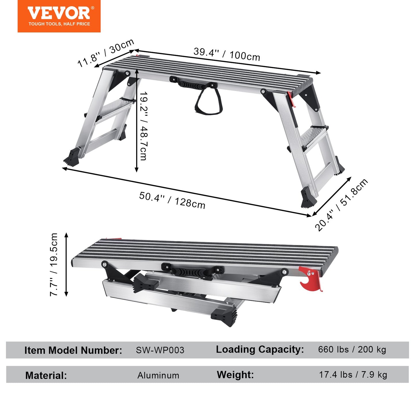 Hopfällbar arbetsplattform, 299,4 kg lastkapacitet, gipsstege i aluminium, kraftig arbetsbänk med halkfria fötter, perfekt för tvätt av fordon, rengöring, målning, dekoration