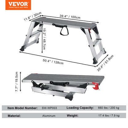 Hopfällbar arbetsplattform, 299,4 kg lastkapacitet, gipsstege i aluminium, kraftig arbetsbänk med halkfria fötter, perfekt för tvätt av fordon, rengöring, målning, dekoration