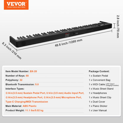 Hopfällbart keyboard med 88 tangenter, Bluetooth och MIDI, bärbart elektroniskt digitalt hopfällbart piano med sustainpedalväska, anslagskänsliga tangenter, hörlurar, laddningsbart för nybörjare, tonåringar och vuxna, svart