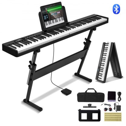 Hopfällbart keyboardpiano med 88 tangenter, Bluetooth och MIDI, bärbart elektroniskt digitalt hopfällbart piano med stativ, sustainpedalväska, anslagskänsliga tangenter, laddningsbart för nybörjare, tonåringar och vuxna, svart