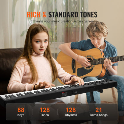 Hopfällbart keyboardpiano med 88 tangenter, Bluetooth och MIDI, bärbart elektroniskt digitalt hopfällbart piano med stativ, sustainpedalväska, anslagskänsliga tangenter, laddningsbart för nybörjare, tonåringar och vuxna, svart