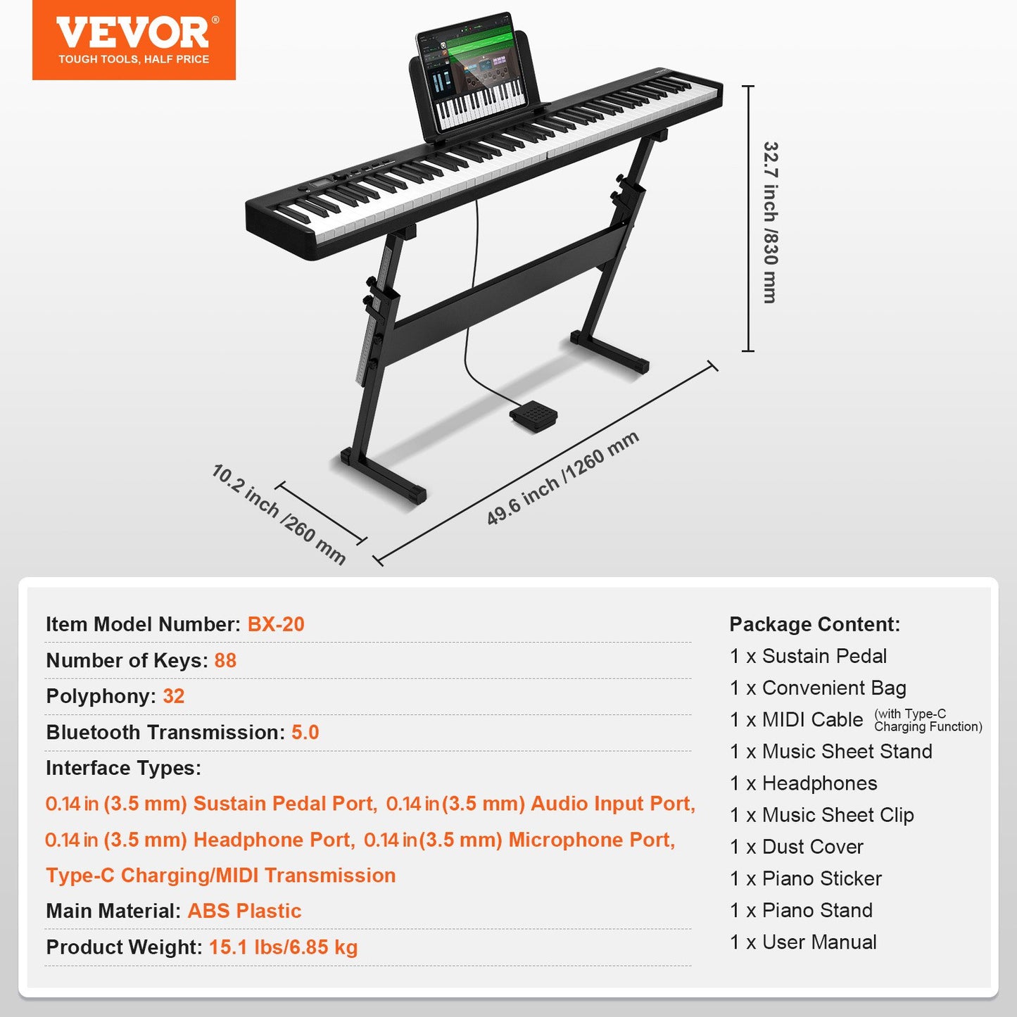 Hopfällbart keyboardpiano med 88 tangenter, Bluetooth och MIDI, bärbart elektroniskt digitalt hopfällbart piano med stativ, sustainpedalväska, anslagskänsliga tangenter, laddningsbart för nybörjare, tonåringar och vuxna, svart