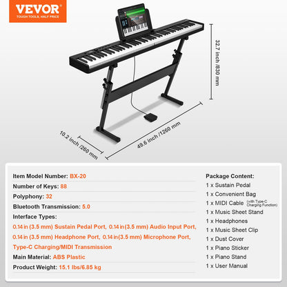 Hopfällbart keyboardpiano med 88 tangenter, Bluetooth och MIDI, bärbart elektroniskt digitalt hopfällbart piano med stativ, sustainpedalväska, anslagskänsliga tangenter, laddningsbart för nybörjare, tonåringar och vuxna, svart